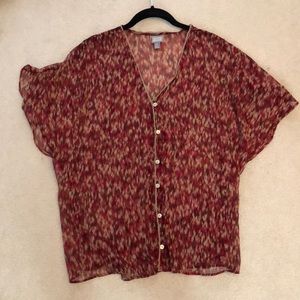 Mixed berry color sheer blouse.  Size L.  Tie back